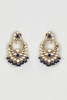 Gold Finish Mirror & Blue Drop Dangler Earrings With Maangtikka