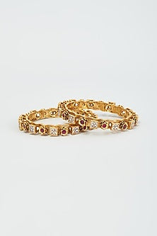 Gold Finish Red Kundan Polki Bangles (Set Of 2)