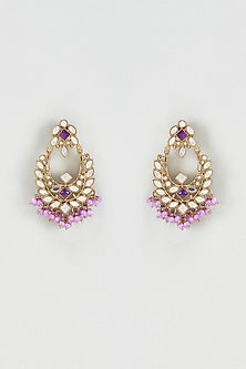 Gold Finish Mirror & Purple Drop Dangler Earrings With Maangtikka