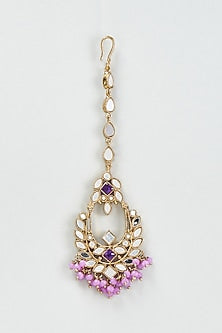 Gold Finish Mirror & Purple Drop Dangler Earrings With Maangtikka