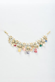 Gold Finish Multi-Colored Drop & Moti Anklets (Set Of 2)