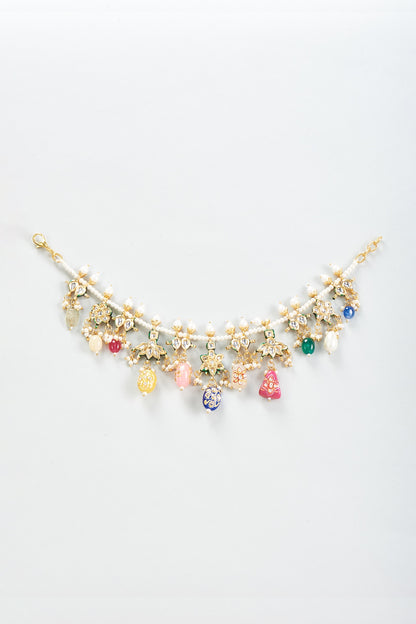 Gold Finish Multi-Colored Drop & Moti Anklets (Set Of 2)