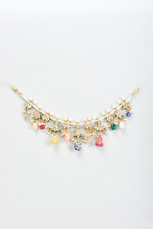 Gold Finish Multi-Colored Drop & Moti Anklets (Set Of 2)