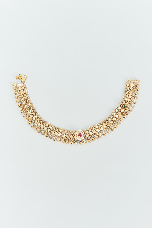 Gold Finish Red Stone Anklets (Set Of 2)