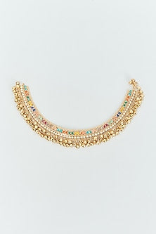 Gold Finish Multi-Colored Stone & Pearl Anklets (Set Of 2)