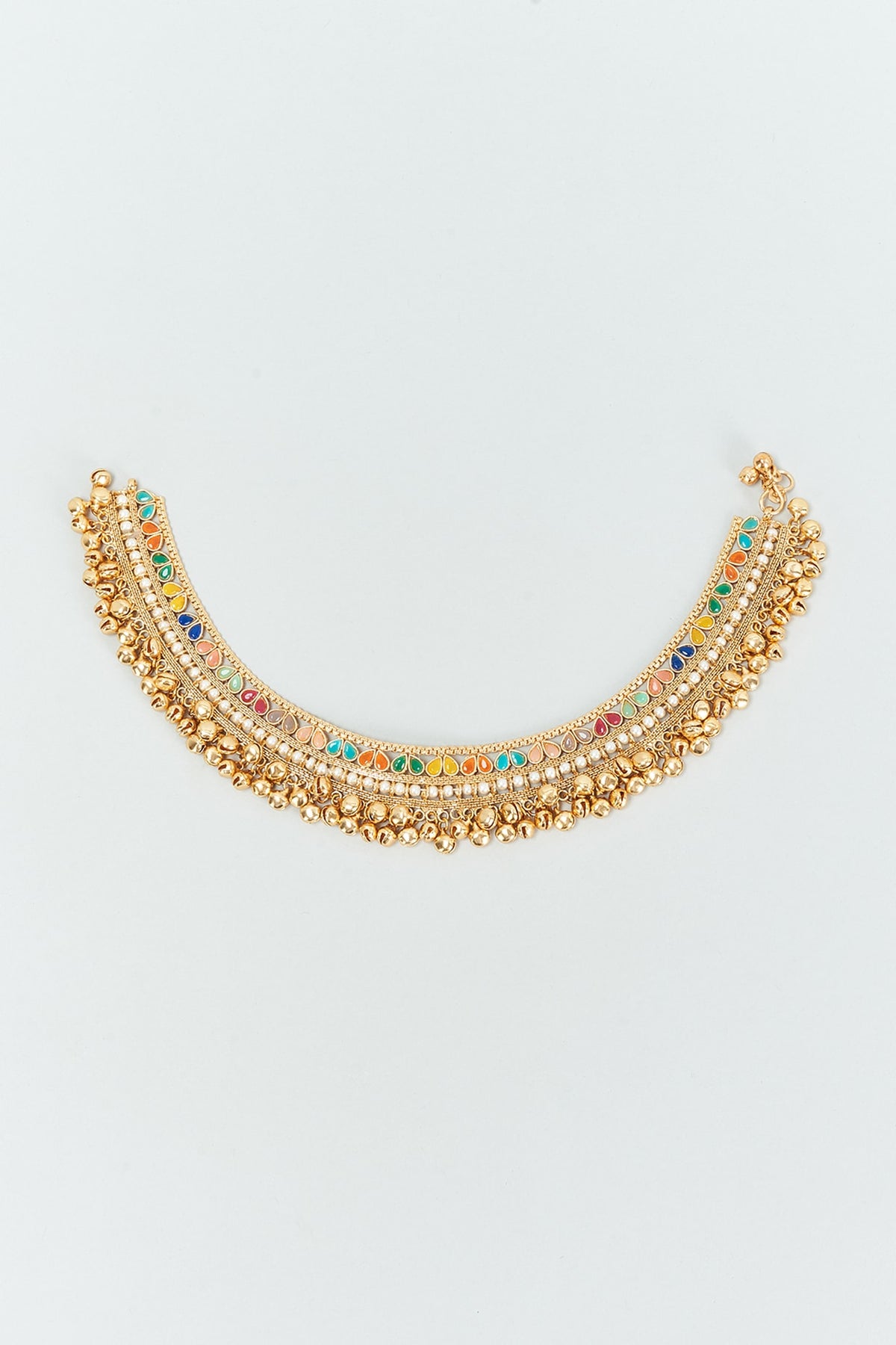 Gold Finish Multi-Colored Stone & Pearl Anklets (Set Of 2)