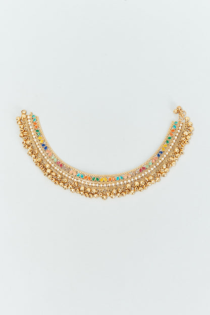 Gold Finish Multi-Colored Stone & Pearl Anklets (Set Of 2)