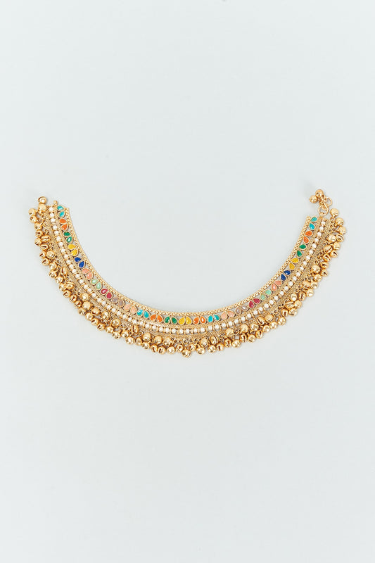 Gold Finish Multi-Colored Stone & Pearl Anklets (Set Of 2)