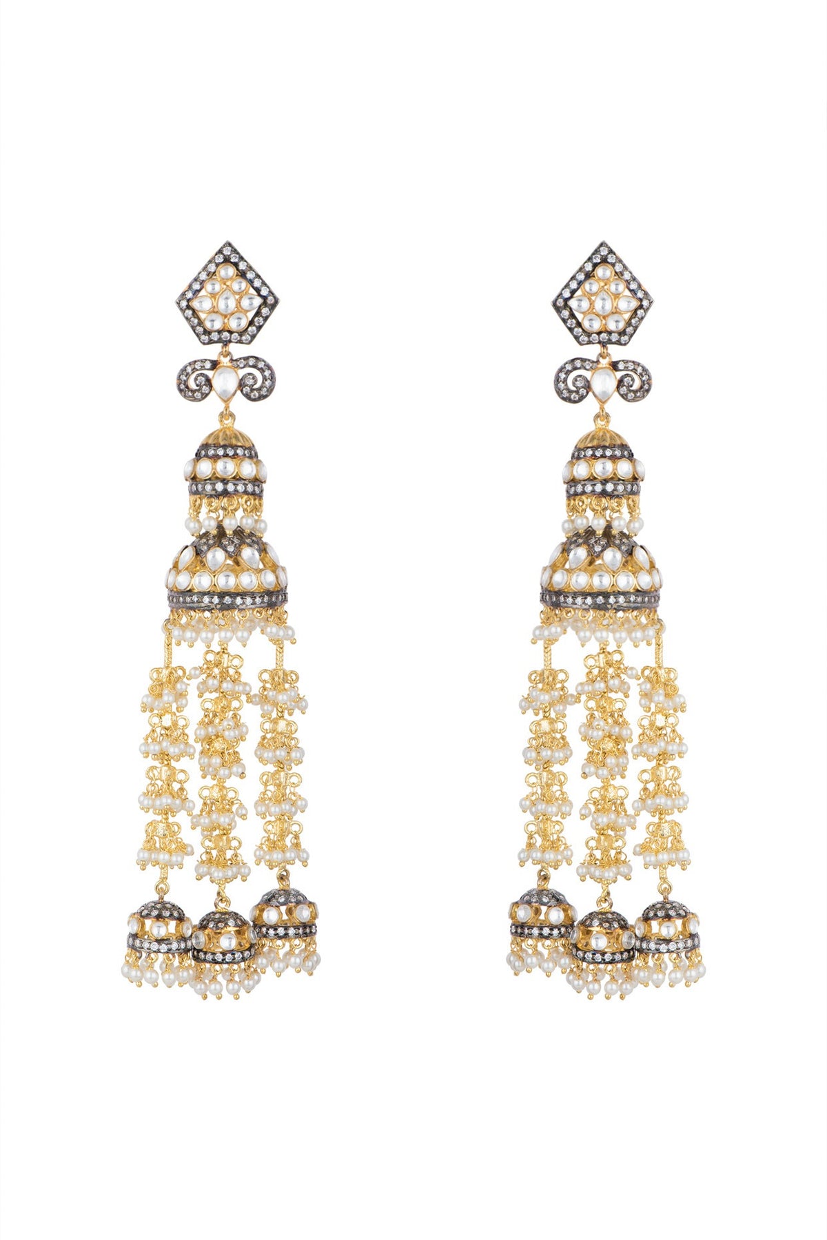 Gold Finish Faux Pearl, Kundan & CZ Diamond Earrings