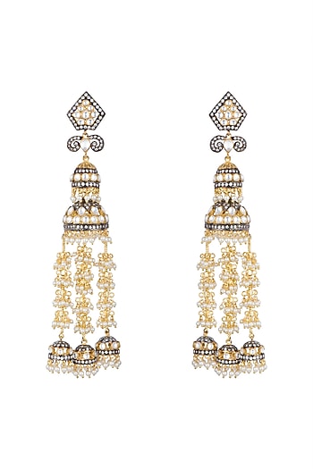 Gold Finish Faux Pearl, Kundan & CZ Diamond Earrings