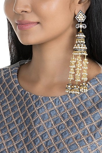 Gold Finish Faux Pearl, Kundan & CZ Diamond Earrings