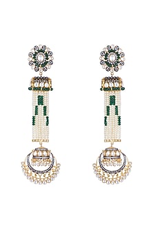 Gold Finish Faux Pearl, Kundan & CZ Diamond Long Earrings