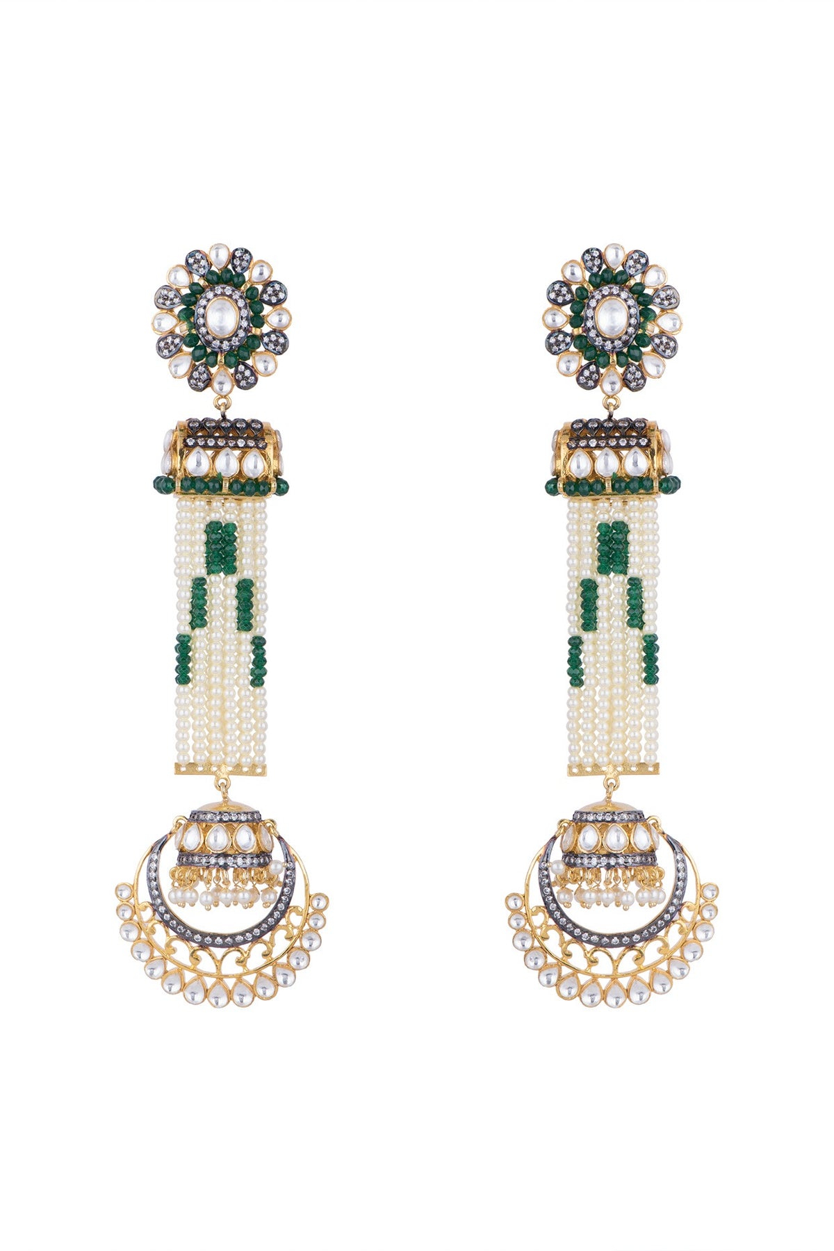 Gold Finish Faux Pearl, Kundan & CZ Diamond Long Earrings