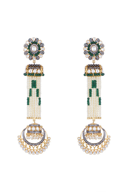 Gold Finish Faux Pearl, Kundan & CZ Diamond Long Earrings