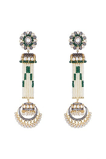 Gold Finish Faux Pearl, Kundan & CZ Diamond Long Earrings