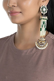 Gold Finish Faux Pearl, Kundan & CZ Diamond Long Earrings