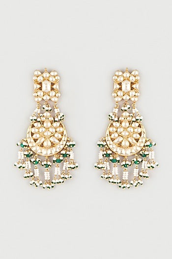 Gold Finish Kundan Polki & Pearl Chandbali Earrings