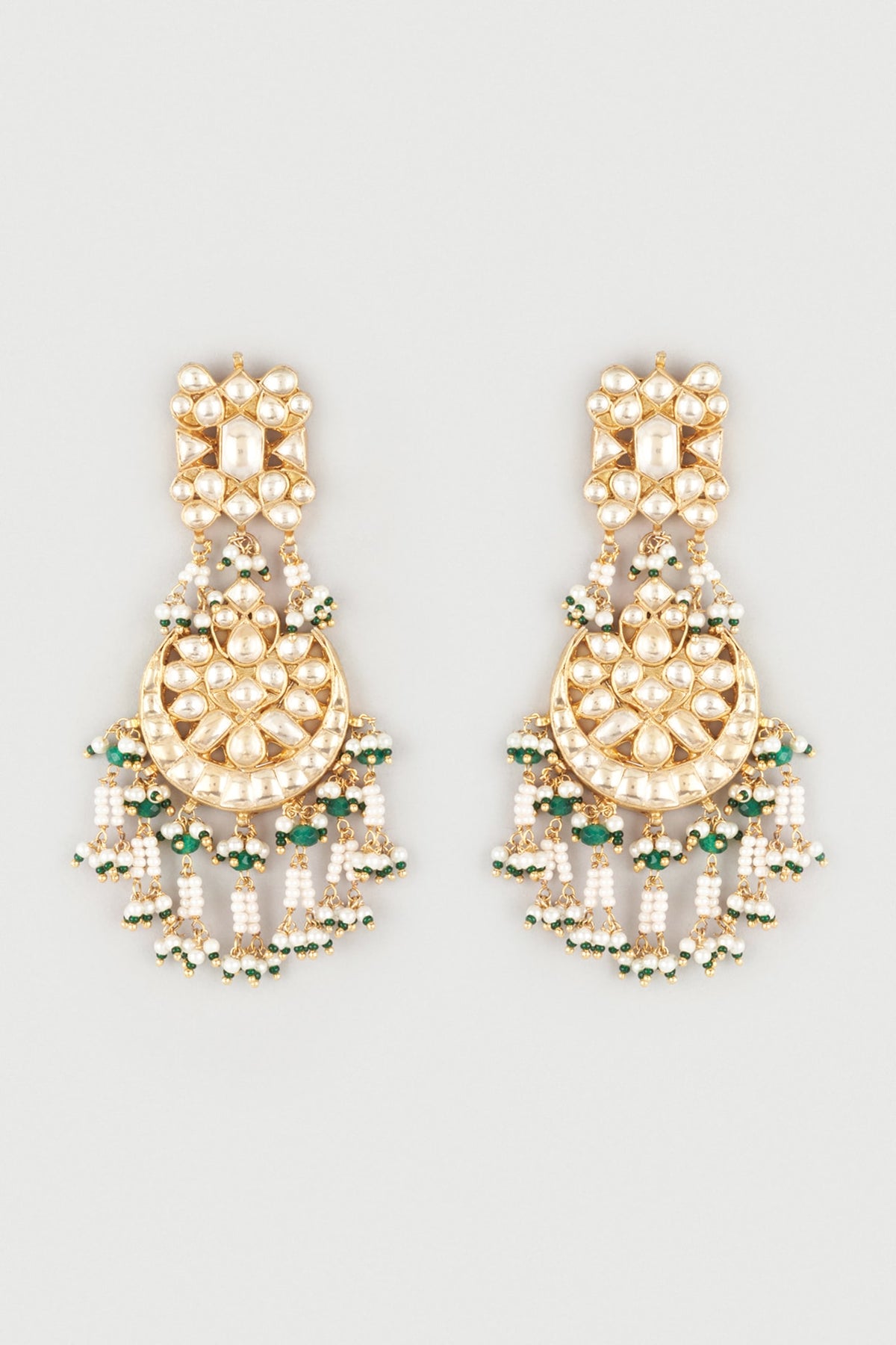 Gold Finish Kundan Polki & Pearl Chandbali Earrings
