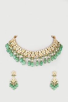 Gold Finish Kundan Polki Necklace Set With Green Stones