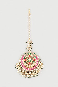 Gold Finish Pearl & Kundan Polki Maang Tikka
