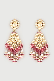 Gold Finish Earrings With Red Stones