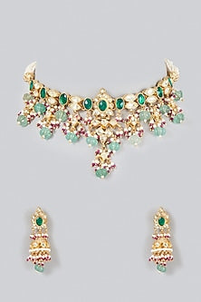 Gold Finish Kundan Polki & Green Drop Choker Necklace Set