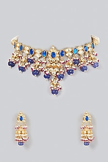 Gold Finish Kundan Polki & Blue Drop Choker Necklace Set