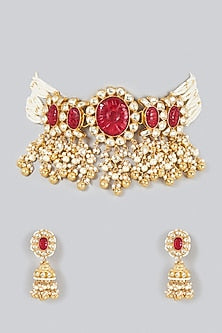 Gold Finish Kundan Polki & Golden Drop Choker Necklace Set