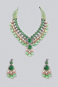 Black Rhodium Finish Green Stone & Beaded Long Necklace Set