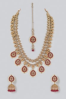 Gold Finish Long Necklace Set With Kundan Polki