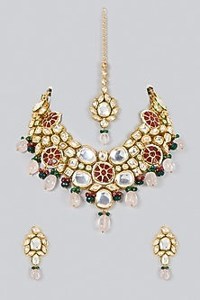 Gold Finish Kundan Polki & Red Stone Necklace Set
