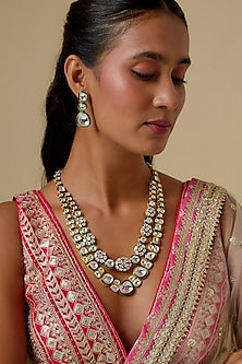 Gold Finish Kundan Polki Green Meenakari Long Necklace Set