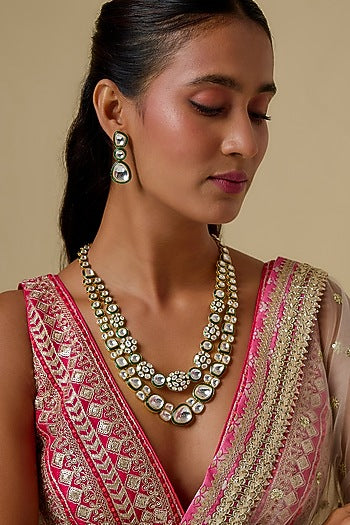 Gold Finish Kundan Polki Green Meenakari Long Necklace Set