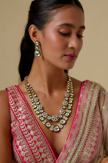 Gold Finish Kundan Polki Green Meenakari Long Necklace Set