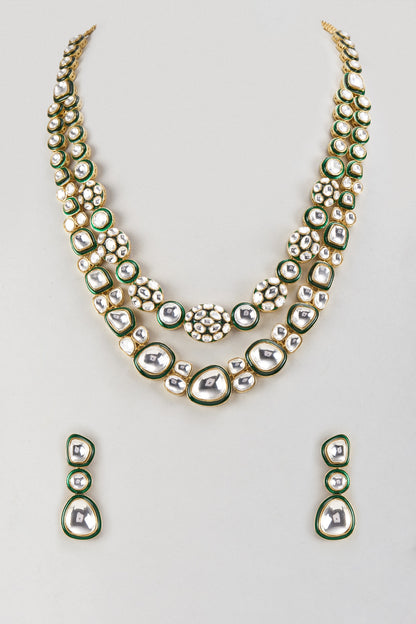 Gold Finish Kundan Polki Green Meenakari Long Necklace Set