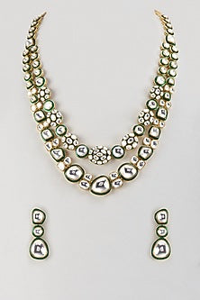 Gold Finish Kundan Polki Green Meenakari Long Necklace Set