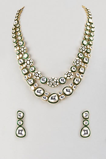Gold Finish Kundan Polki Green Meenakari Long Necklace Set