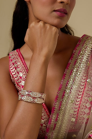 Rose Gold Finish Kundan Polki & Red Stone Openable Bangles (Set Of 2)