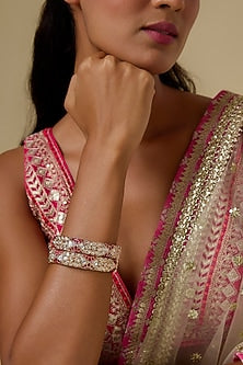 Rose Gold Finish Kundan Polki & Red Stone Openable Bangles (Set Of 2)