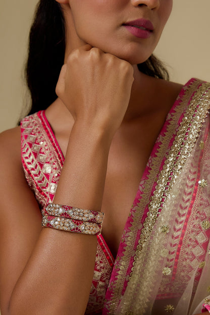 Rose Gold Finish Kundan Polki & Red Stone Openable Bangles (Set Of 2)