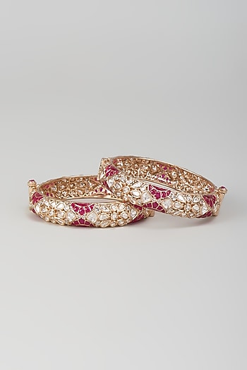 Rose Gold Finish Kundan Polki & Red Stone Openable Bangles (Set Of 2)