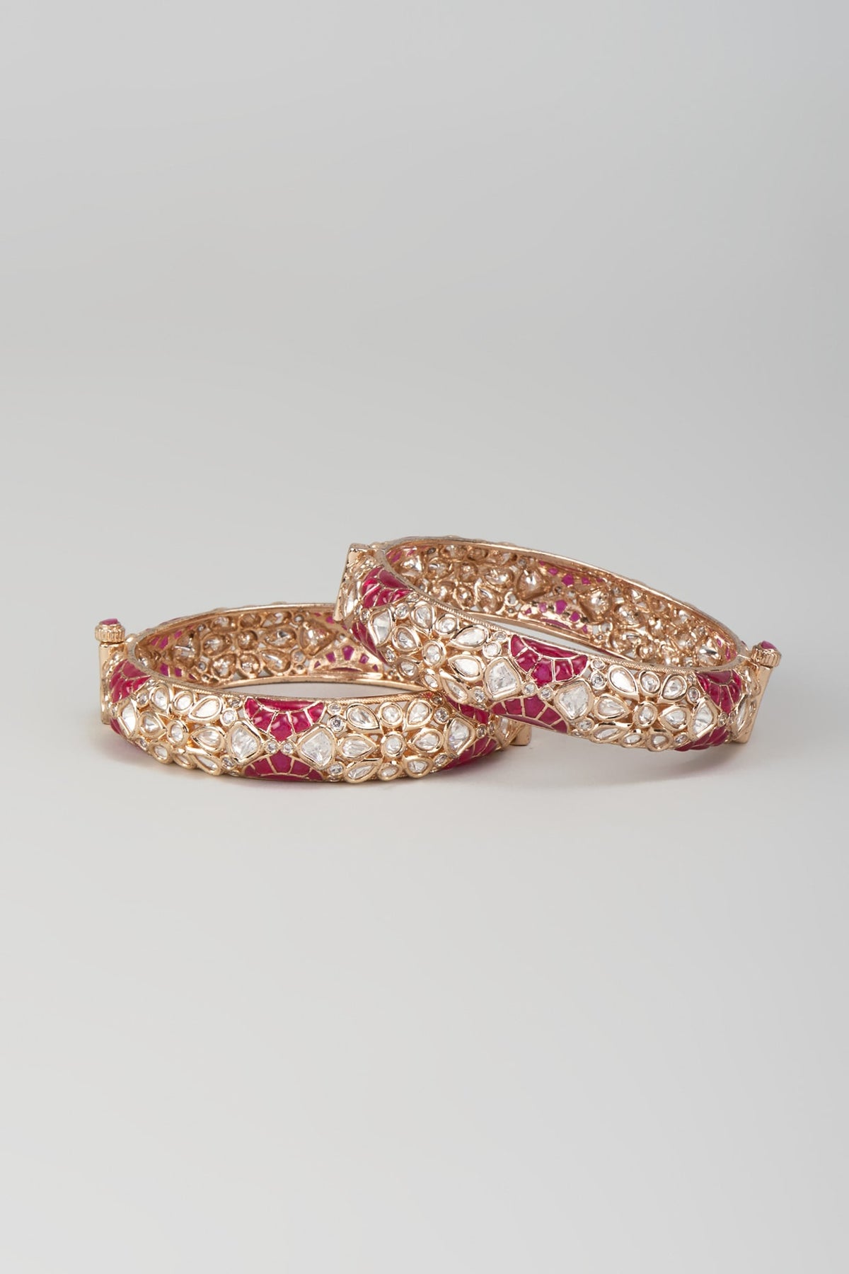 Rose Gold Finish Kundan Polki & Red Stone Openable Bangles (Set Of 2)
