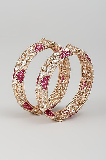 Rose Gold Finish Kundan Polki & Red Stone Openable Bangles (Set Of 2)
