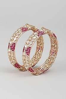 Rose Gold Finish Kundan Polki & Red Stone Openable Bangles (Set Of 2)