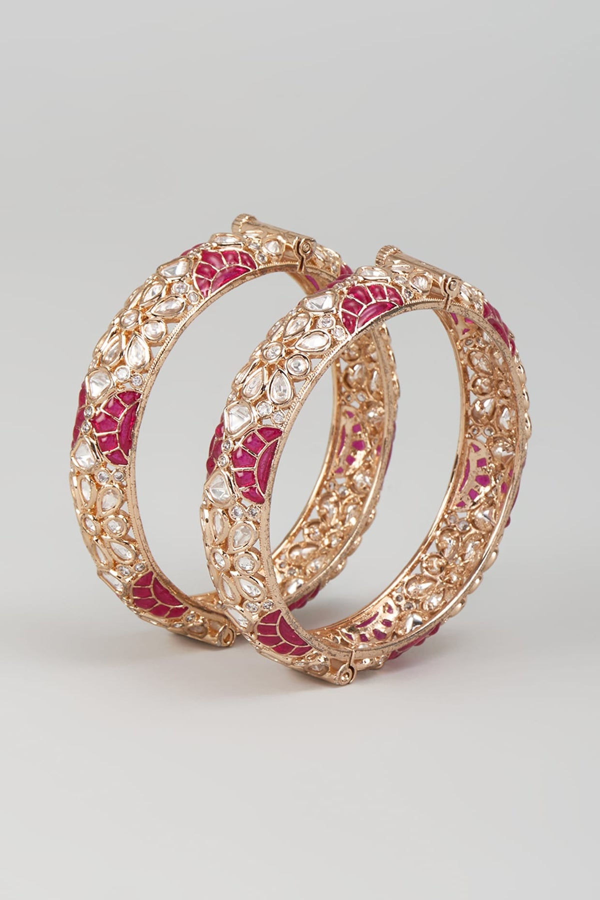 Rose Gold Finish Kundan Polki & Red Stone Openable Bangles (Set Of 2)