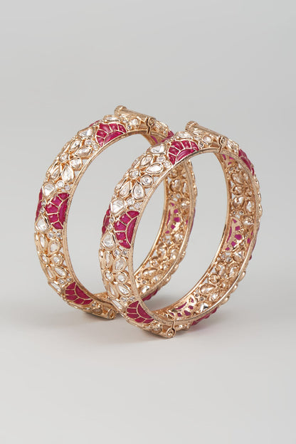 Rose Gold Finish Kundan Polki & Red Stone Openable Bangles (Set Of 2)