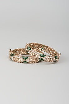 Rose Gold Finish Kundan Polki & Green Stone Openable Bangles (Set Of 2)