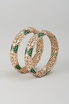Rose Gold Finish Kundan Polki & Green Stone Openable Bangles (Set Of 2)