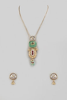 Gold Finish Kundan Polki & Green Stone Mala Set