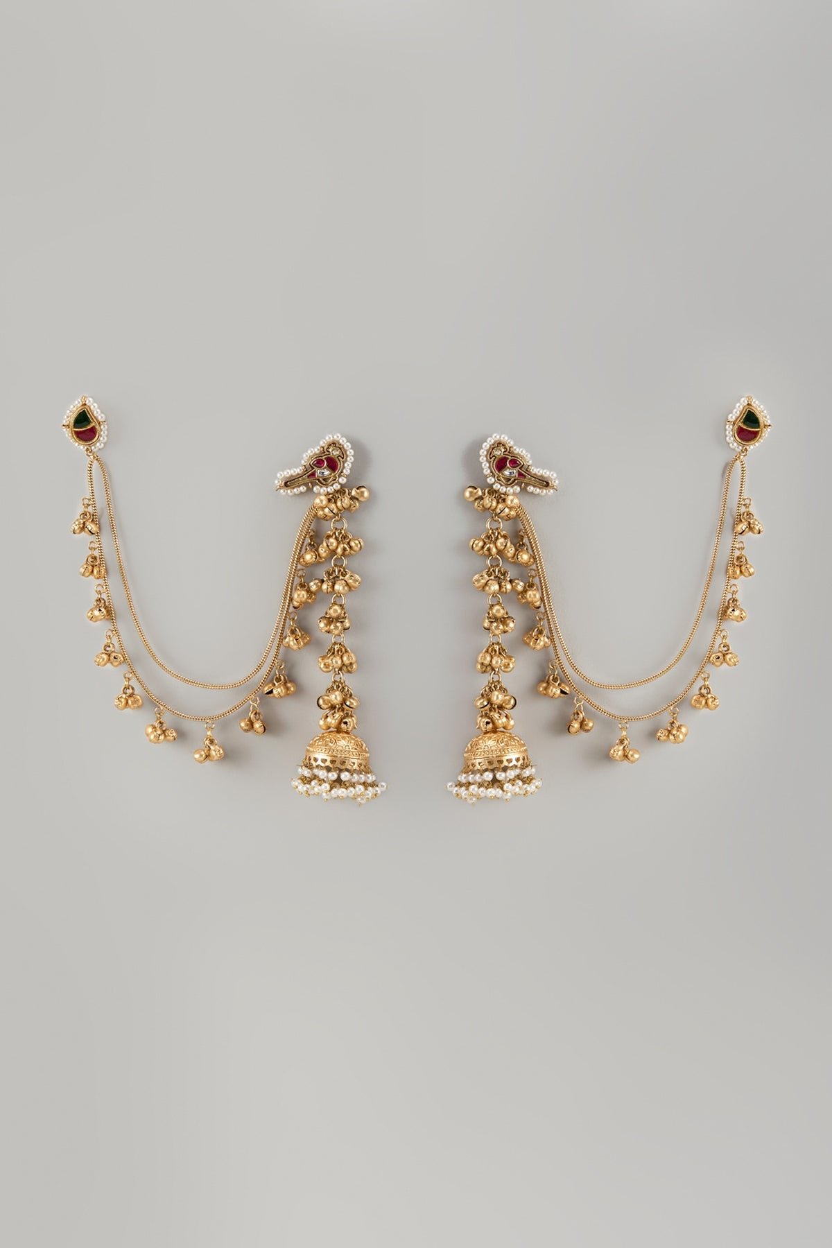 Gold Finish Temple Dangler Earrings With Kaan Chain
